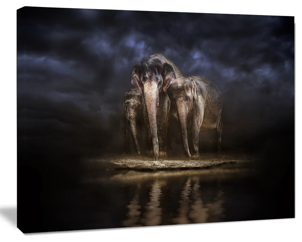 Elephants Watering in the River, Animal Canvas Wall Art, 40"x30"