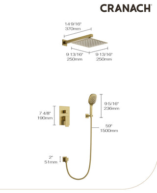 CRANACH CROZET 10-Inch Square Rain Shower System, Multifunction handshower, Brushed Gold