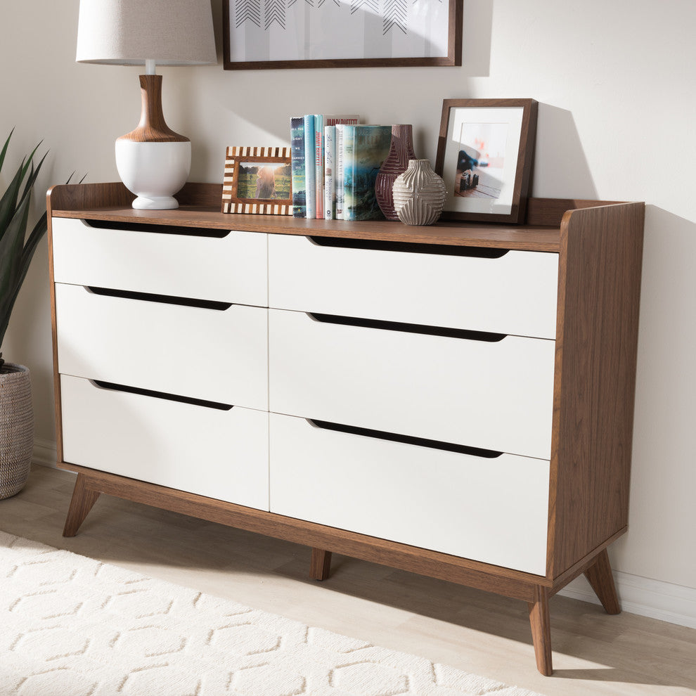 Brighton Mid-Century Modern White and Walnut Wood 6-Drawer Storage Dresser