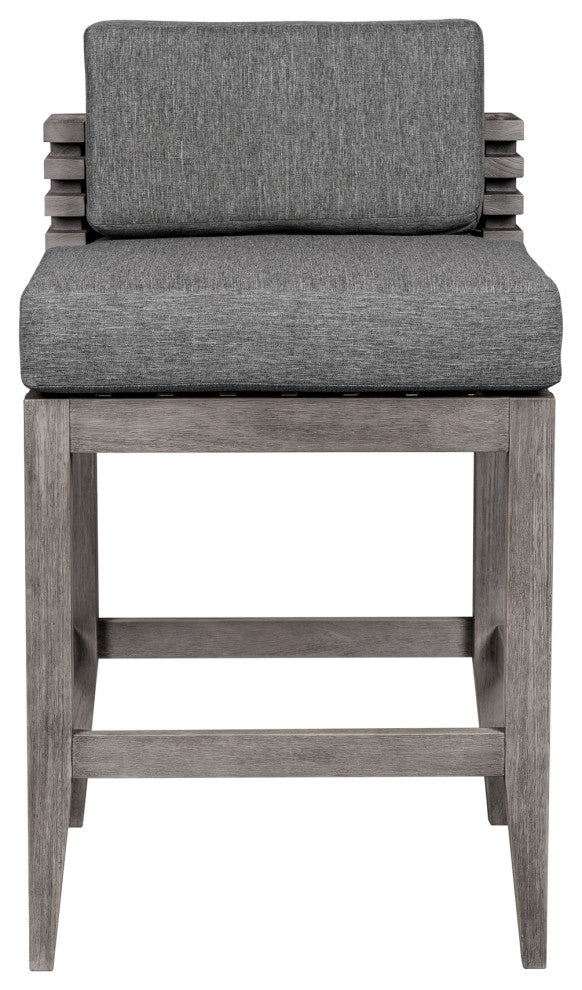 Vivid Outdoor Patio Bar Stool, Gray Eucalyptus Wood With Gray Olefin Cushions