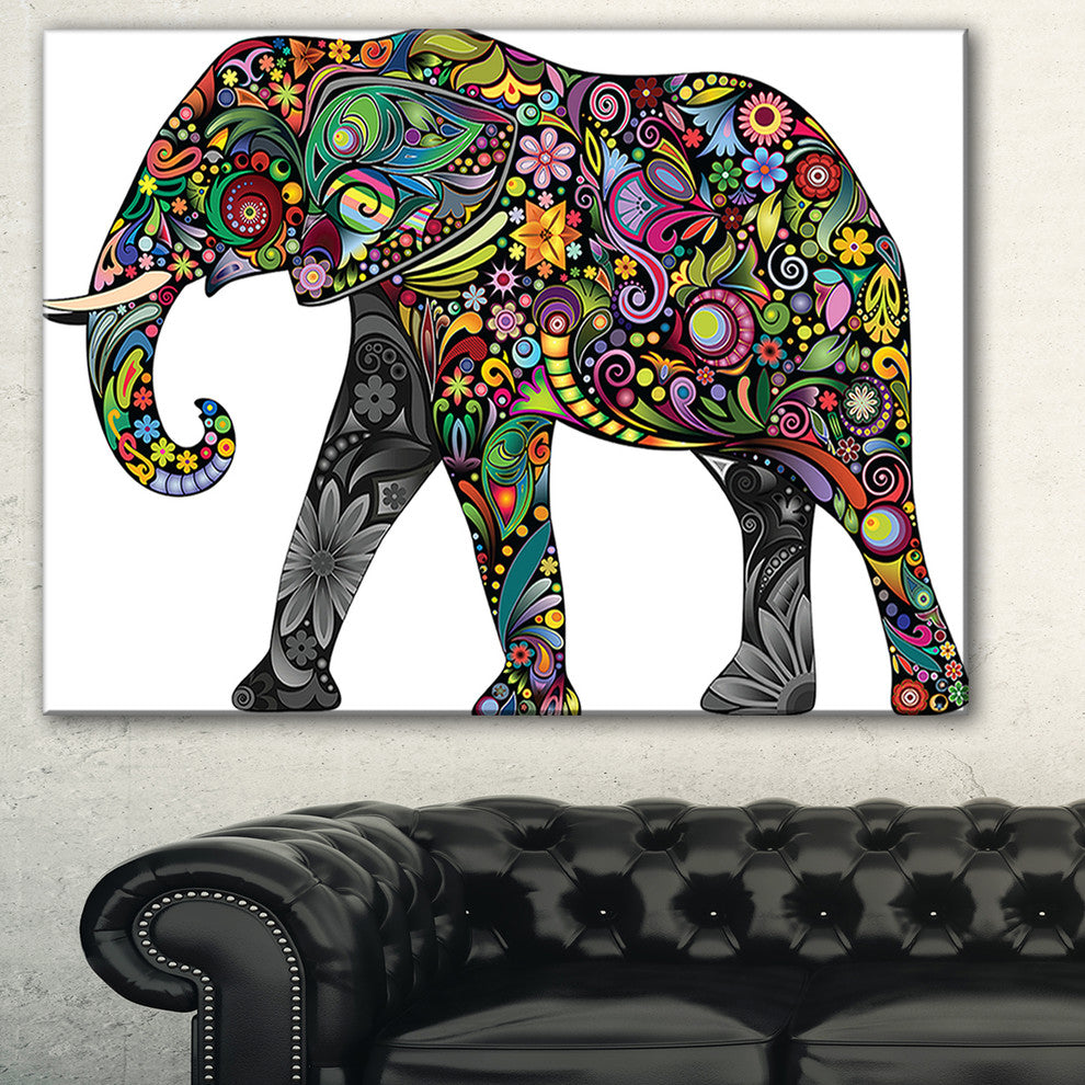 "Floral Cheerful Elephant" Animal Digital Canvas Print, 40"x30"