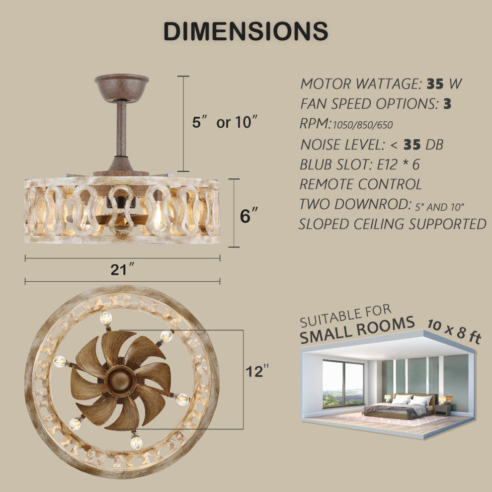 20" Antique Ceiling Fan Light Solid Wood Shade, Rusty