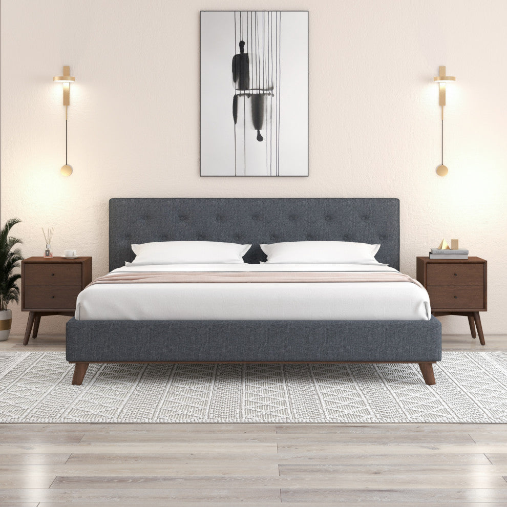 Ashton Mid-Century Modern Solid Wood Tufted Dark Grey Fabric Platform Bed, King
