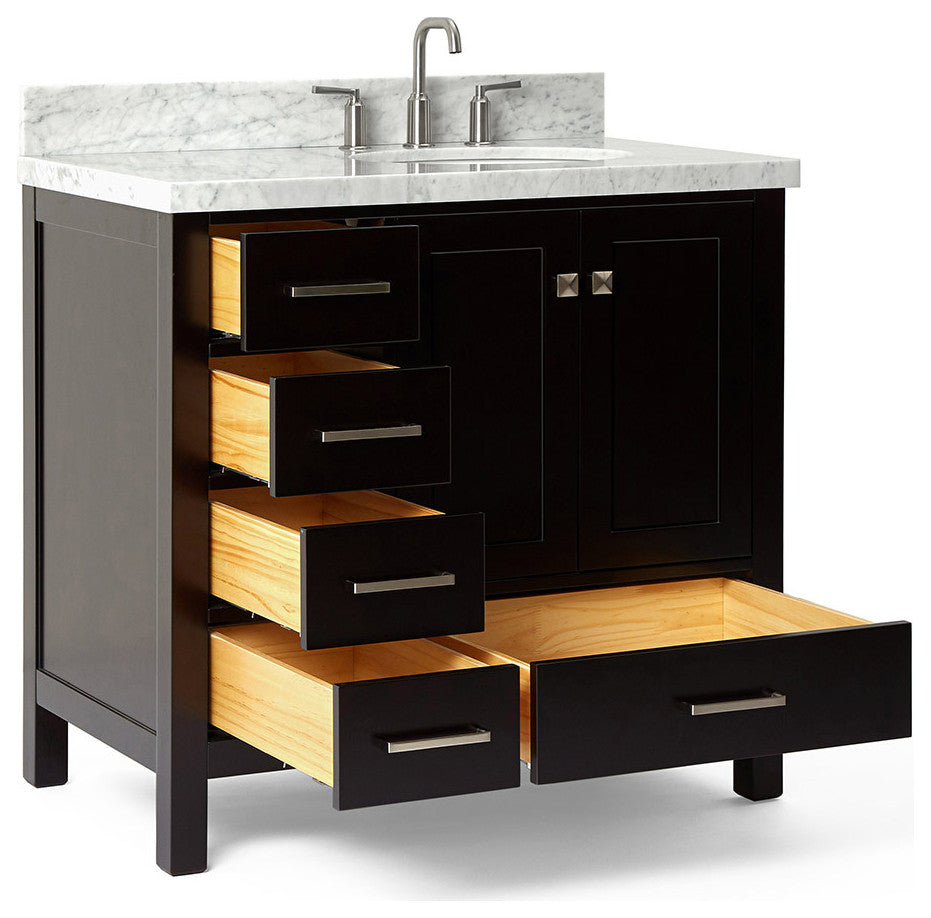 Cambridge 37" Bath Vanity With Marble Top, Carrara White/White Basin