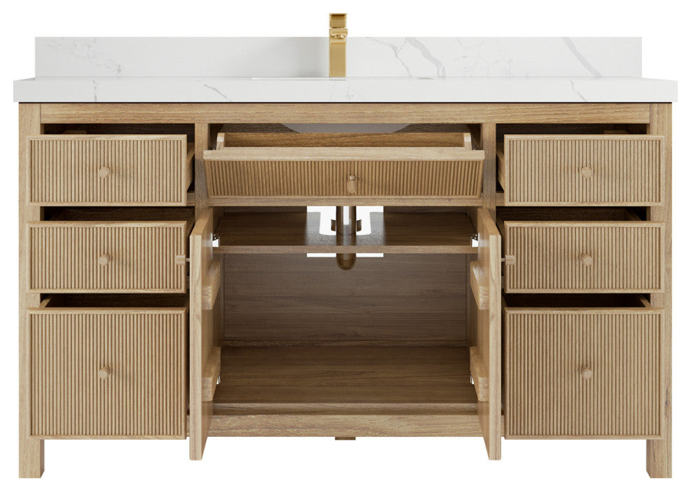 Sonoma 60 Single Bathroom Vanity in Light Natural Teak with 2" Calacatta Laza