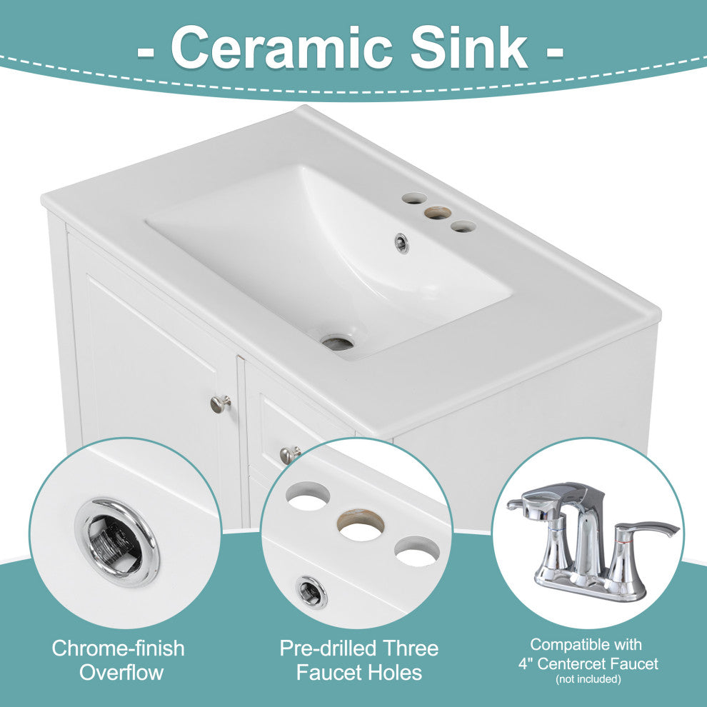 GDF Studio 30" Vanity With Ceramic Sink, Soft Close Door & Drawers, White