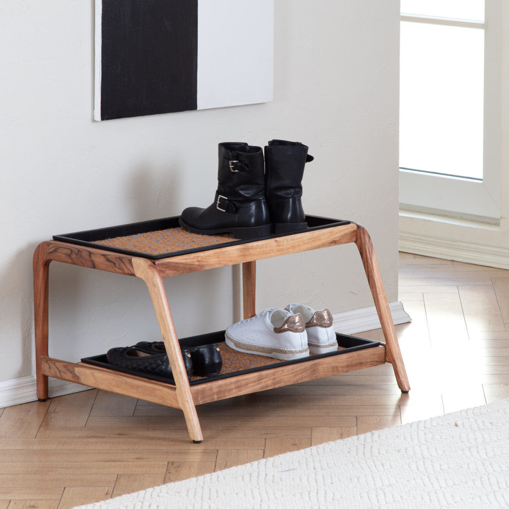 Double-Tier Natural Stand With 2-Pair Rubber Boot Trays My Blue Heaven