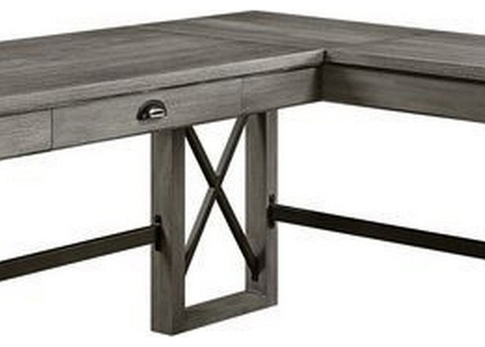 Benzara BM269055 L Shaped Writing Desk With Lift Top and Sled Base, Oak Gray
