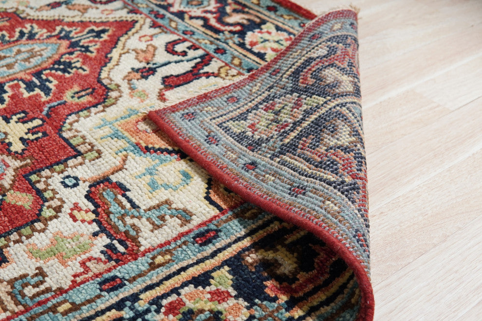 Hand Knotted Wool Red/Navy Traditional Classic Heriz Serapi Rug, 6'x9'
