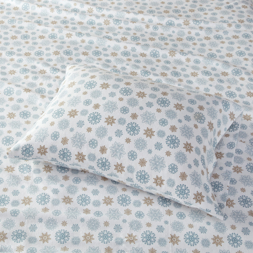 True North by Sleep Philosophy Cotton Flannel Winter Sheet Set, Blue Snowflakes