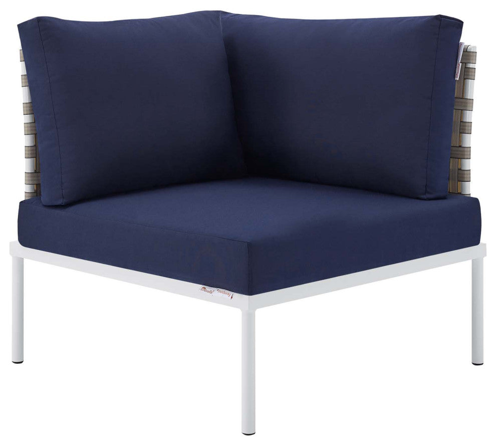Harmony Sunbrella Basket Weave Outdoor Patio Aluminum Corner Chair, Tan Navy
