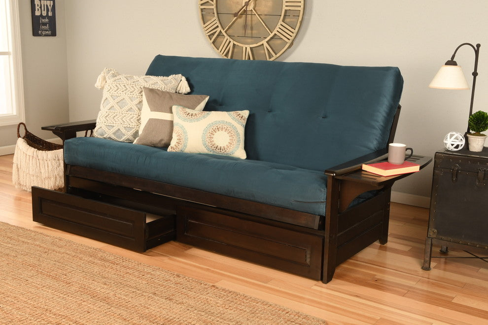 Mesa Frame Futon With Espresso Finish, Storage Drawers, Suede Blue
