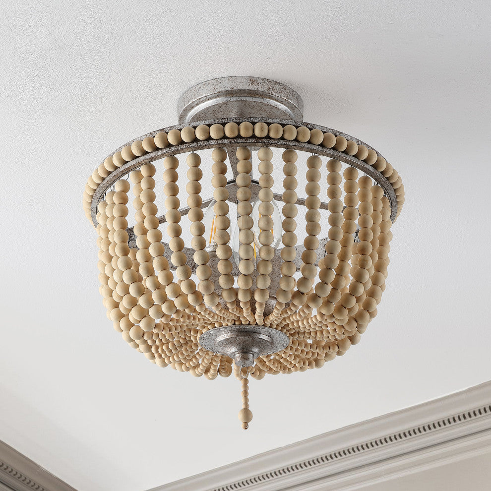 Allie 14" 3-Light Farmhouse Wood Bead/Iron LED Semi Flush Mount, Silver/Taupe