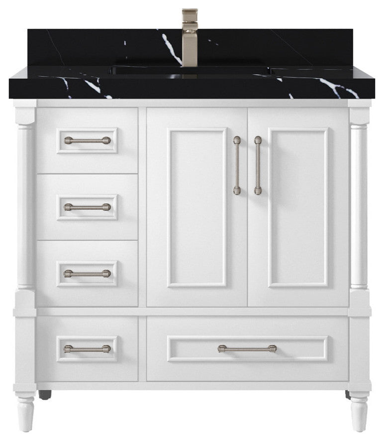 Aberdeen 36 Center Sink Bath Vanity in White 2" Calacatta Black