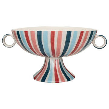 Hand-Painted Stoneware Footed Bowl With Handles and Stripes, Multicolor