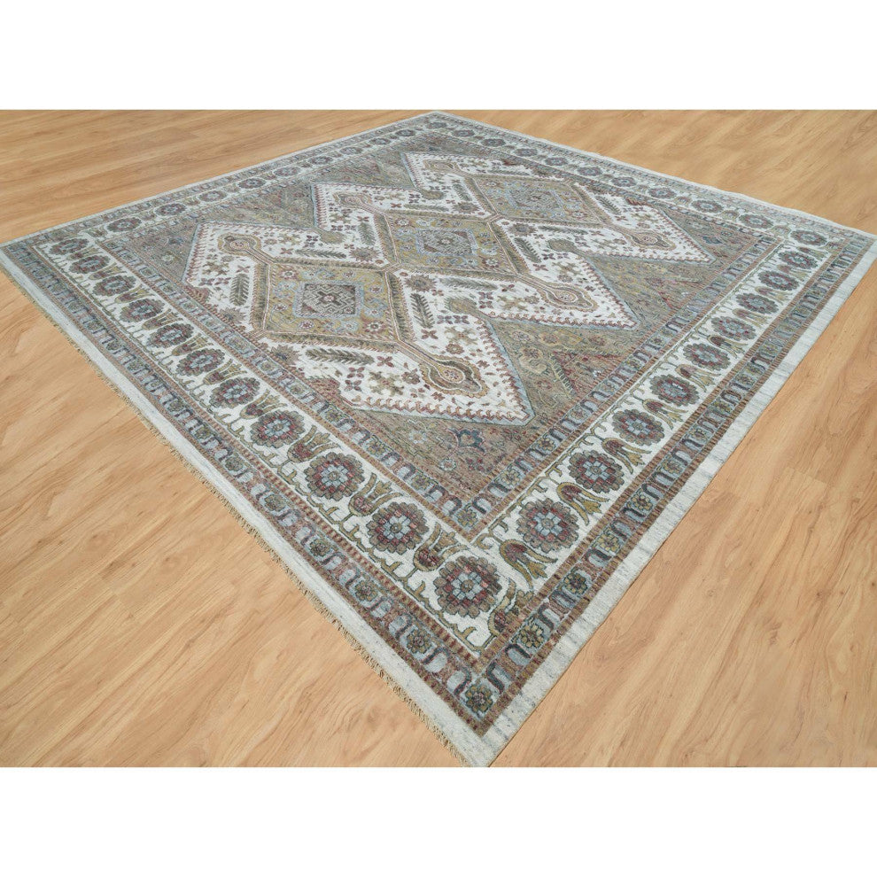 Smoky White Hand Knotted Unique Flower Rosettes Border Square Rug 13'11"x13'11"