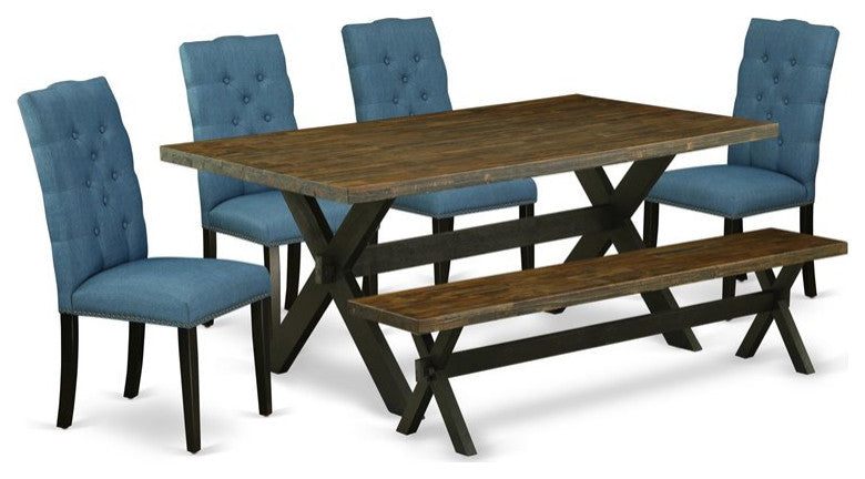 6-Piece Set Table Top and Dining Bench and 4 Linen Fabric Chairs, Black