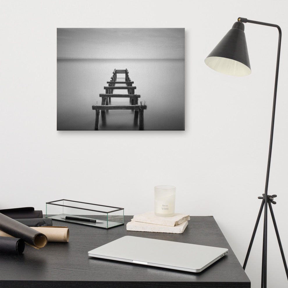 Soft Lake and Abandoned Pier Black and White Landscape Photo Canvas Art Print, 16" X 20"