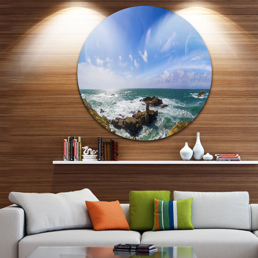 Distant Planet System From Cliffs, Seashore Disc Metal Wall Art, 11"