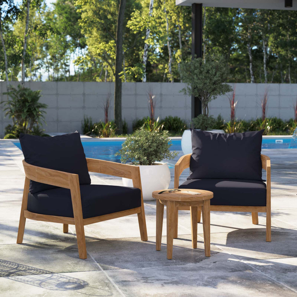 Lounge Chair Table Set, Blue Navy Natural, Teak Wood, Modern, Outdoor Patio