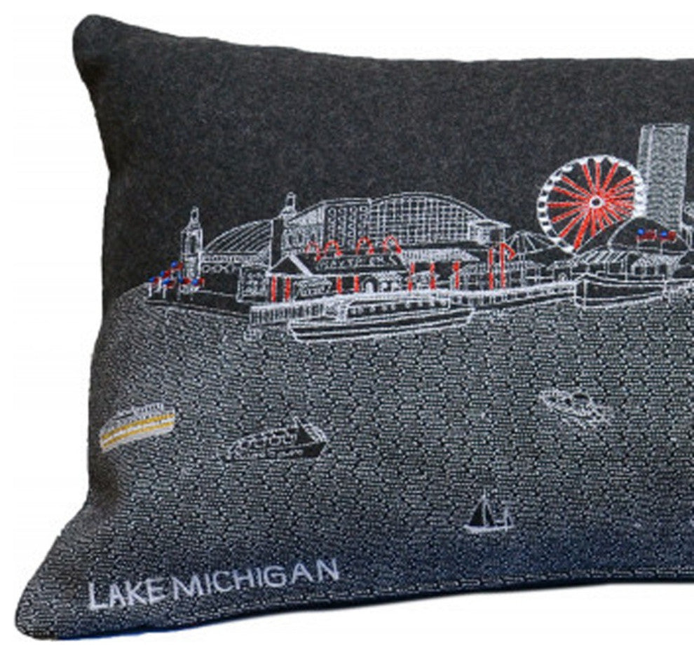 35" Black Chicago Nighttime Skyline Lumbar Decorative Pillow