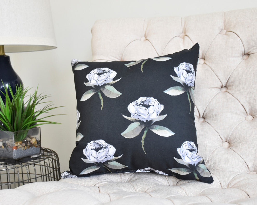 Floral Bunch 18" Black Floral Print Decorative Throw Pillow