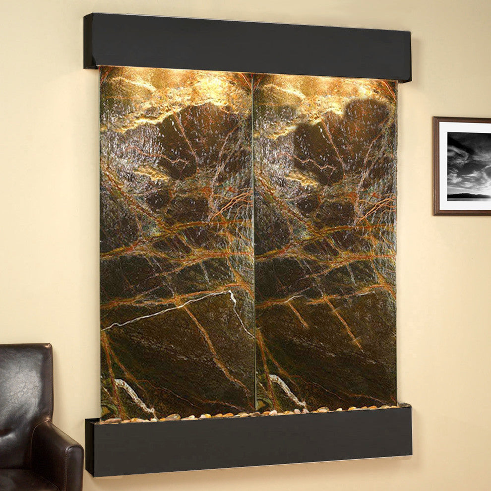 Majestic River Water Fountain, Green Marble, Blackened Copper, Square Edges