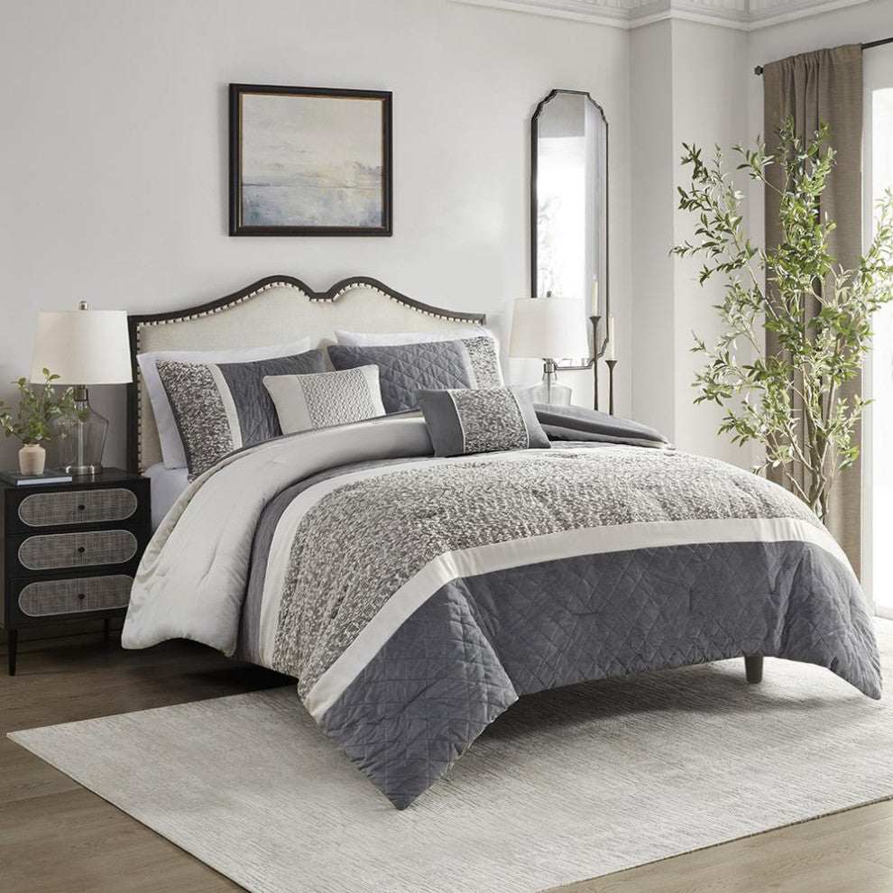 5 Piece Textured Jacquard Stripe Comforter Set with Throw Pillows
