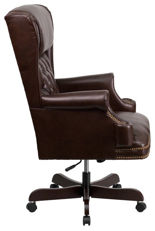 Office Chair, Oversized PU Seat With Button Tufted Back & Nailhead, Brown