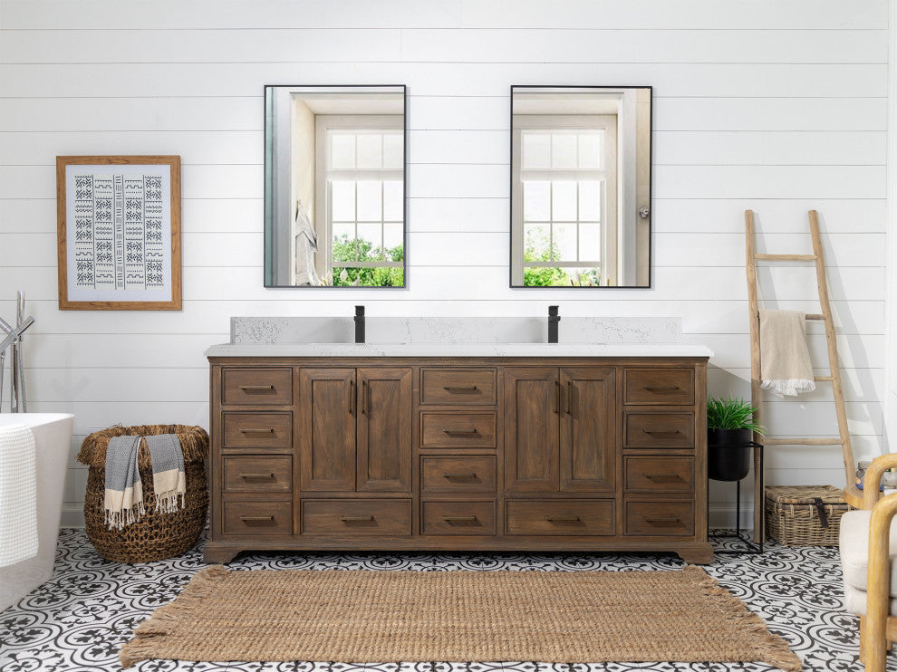 Charlotte Teak 84 Double Sink Bathroom Vanity Distressed Gray 1.5" Empira Quartz