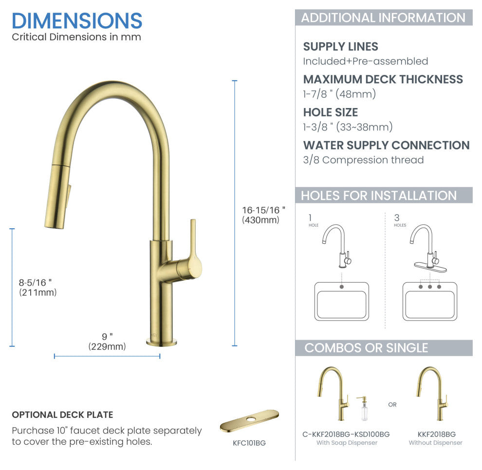 Fusion-T Single Handle Pull Down Sink Faucet With Soap Dispenser, Brushed Gold
