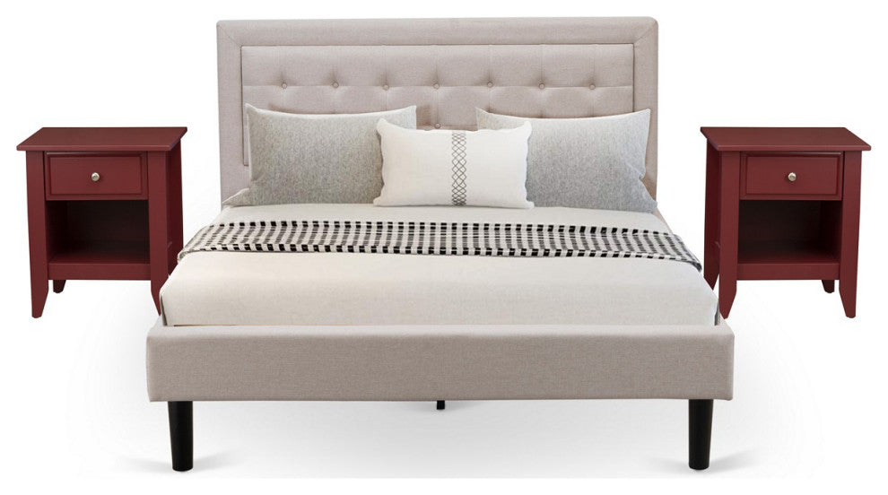 3Pc Fannin Bedroom Set, 1 Wingback Bed, 2 Bedroom Nightstands, Mist Beige
