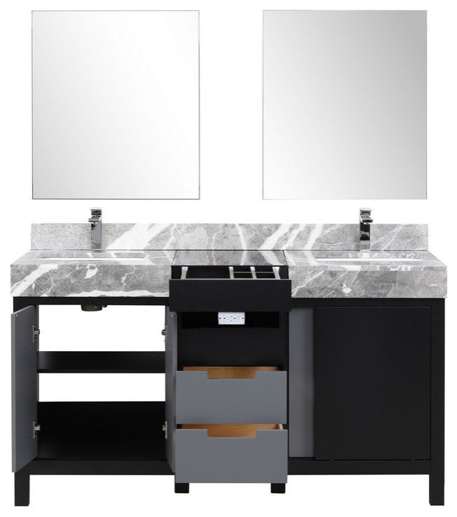 Zilara 60" Black and Grey Double Vanity Set, Monte Chrome Faucet Set