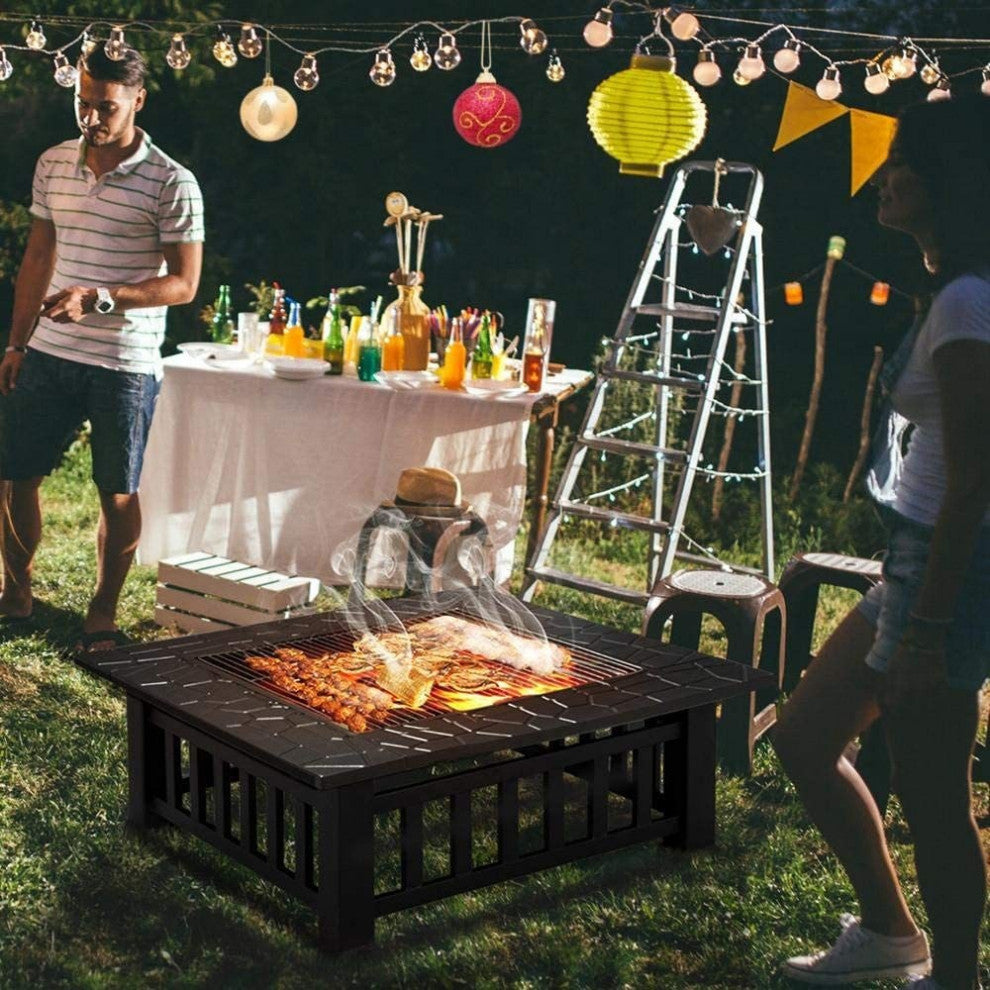 32" Gray Square Charcoal or Wood Burning Fire Pit With Cover