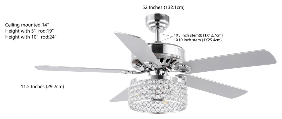 Kristie 52" 3-Light Crystal Glam LED Ceiling Fan With Remote, Chrome