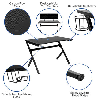 Gaming Desk & Red Racing Chair Set w/Cup Holder, Headphone Hook & 2 Wire Holes