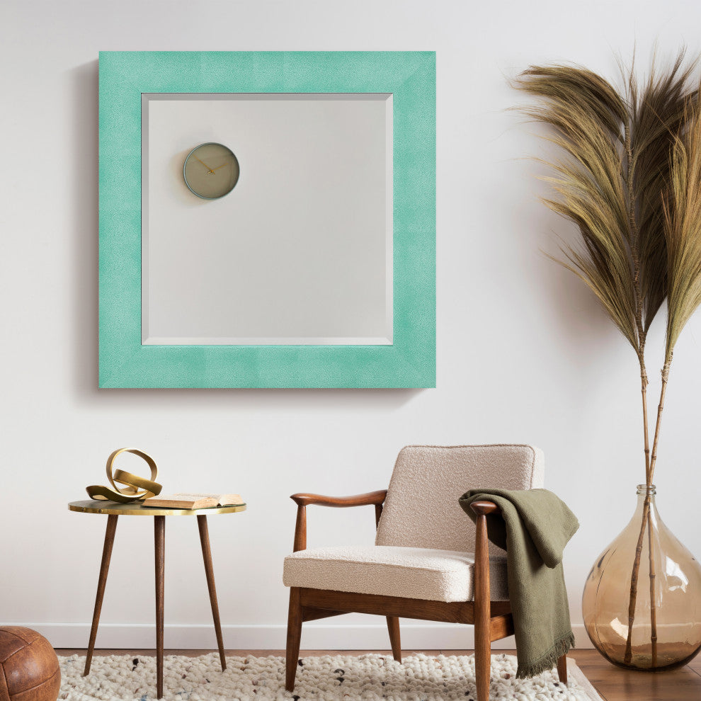 Beveled Wall Mirror, Teal Metallic Shagreen Leather Framed Square Mirror 48x48