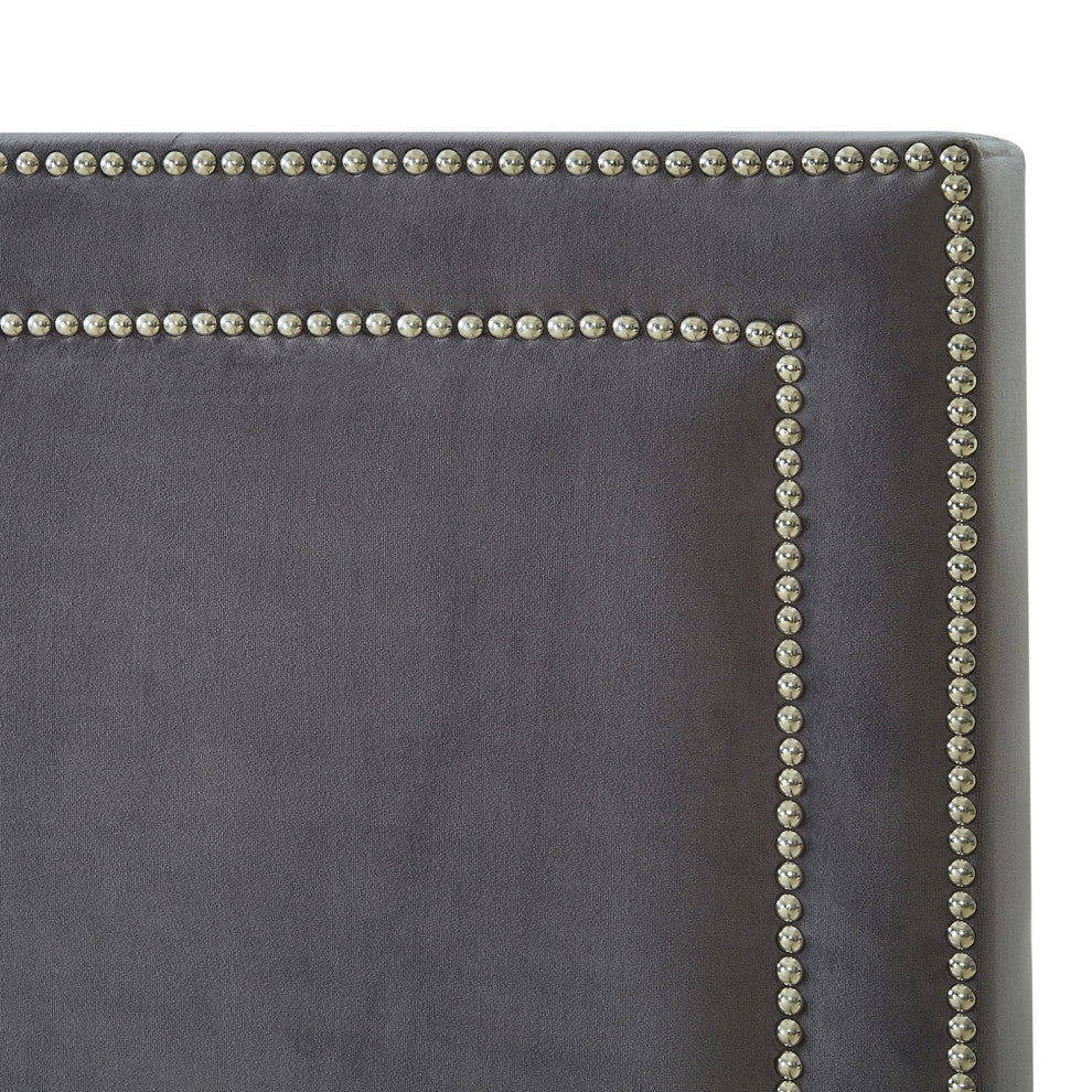 Giovanna Nailhead Trim Platform Bed, Gray Velvet, Queen