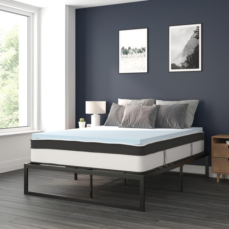 14" Metal Platform Bed Frame, 12" Pocket Spring Mattress & Memory Foam Topper, Black, King