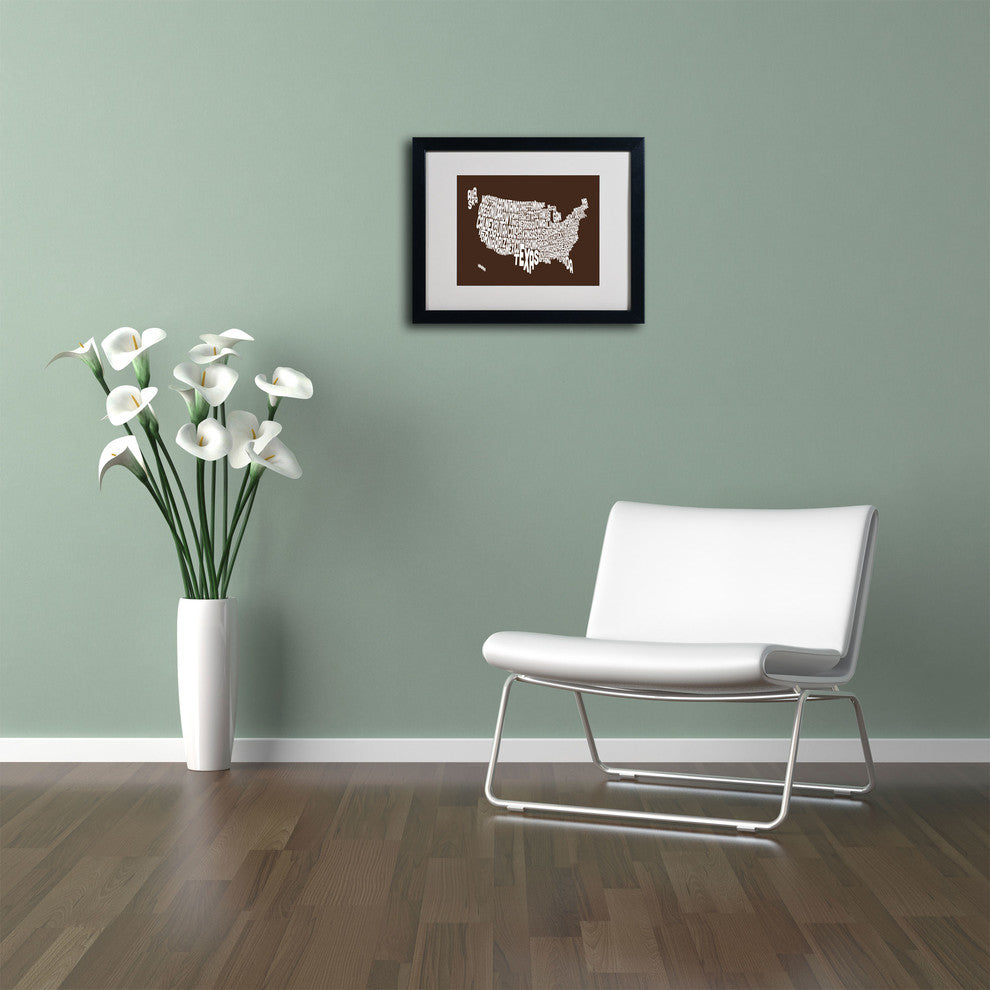 'USA States Text Map - Chocolate' Matted Framed Canvas Art by Michael Tompsett