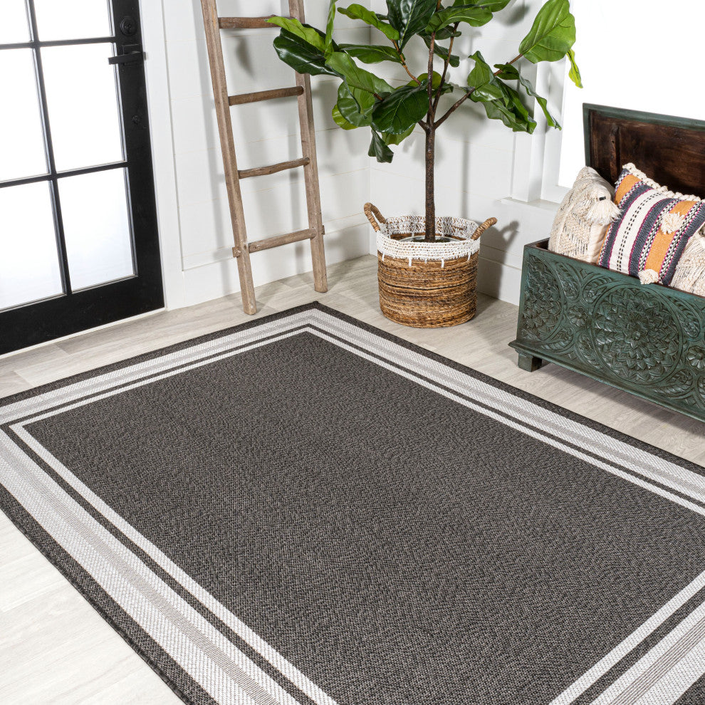 James Modern Border Stripe Indoor/Outdoor Area Rug, Black/Cream, 3x5