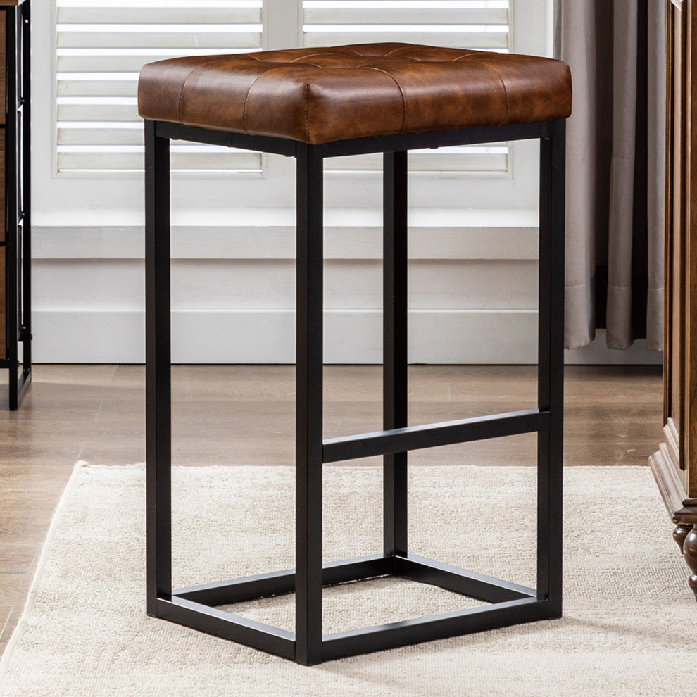 Button Tufted Open Frame Counter Stools, Yellowish Brown, 30 Inch