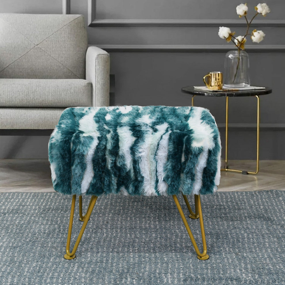 Soft Faux Fur Ottoman Fuzzy Entryway Bench Seat, Deep Teal, 19"x13"x17"