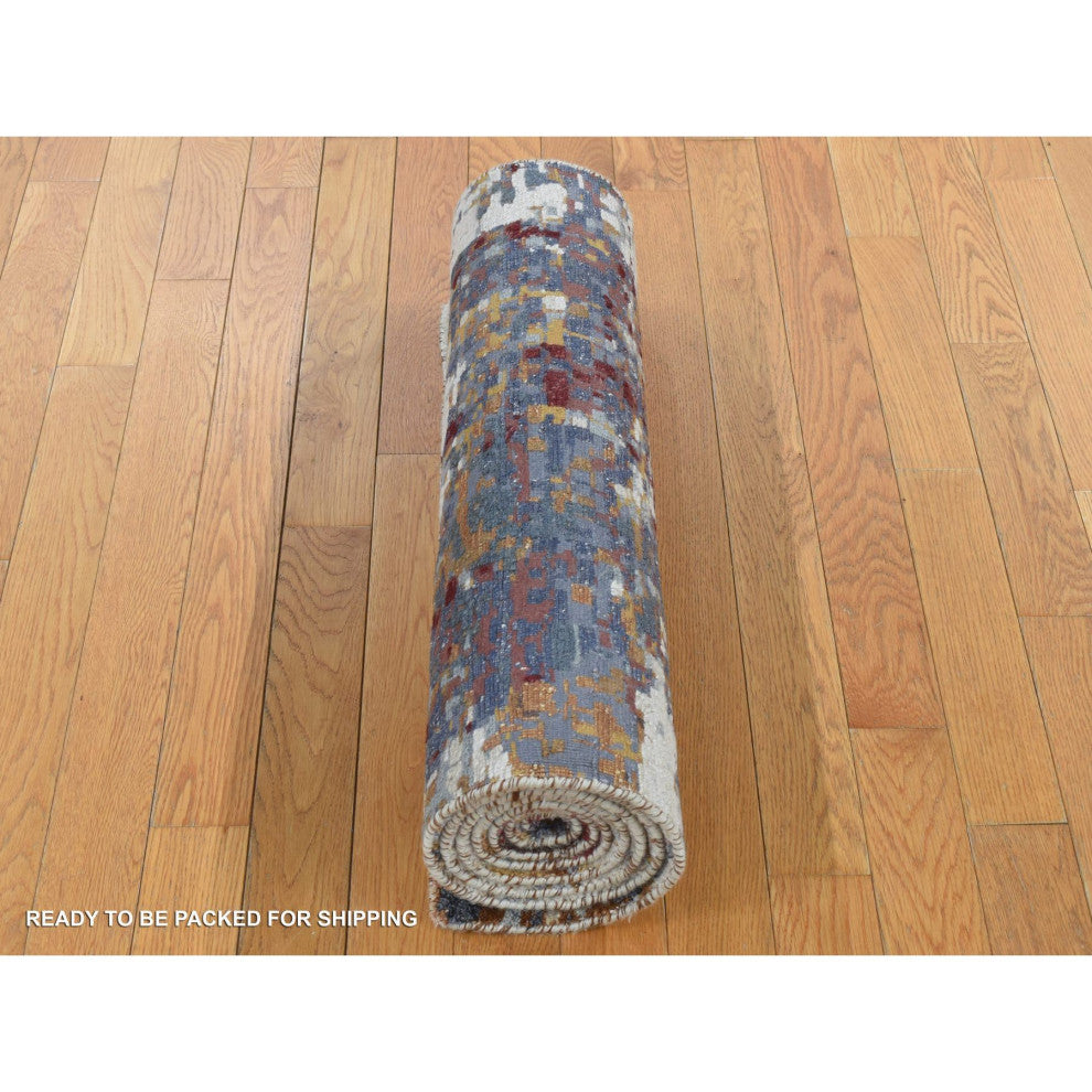 Red, Wool and Silk, Abstract Design Hand Knotted Runner Rug, 2'7"x8'1"