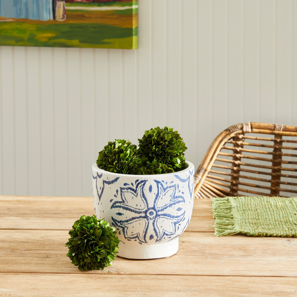 Mediterranean Blue White Medallion Planter Round Graphic Floret Coastal Pottery