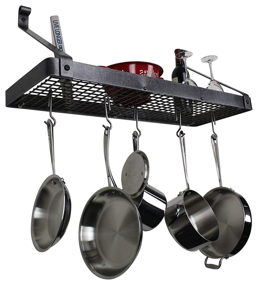 Industrial Wall Mounted Rack, Hammered Steel Frame and Hooks for Extra
