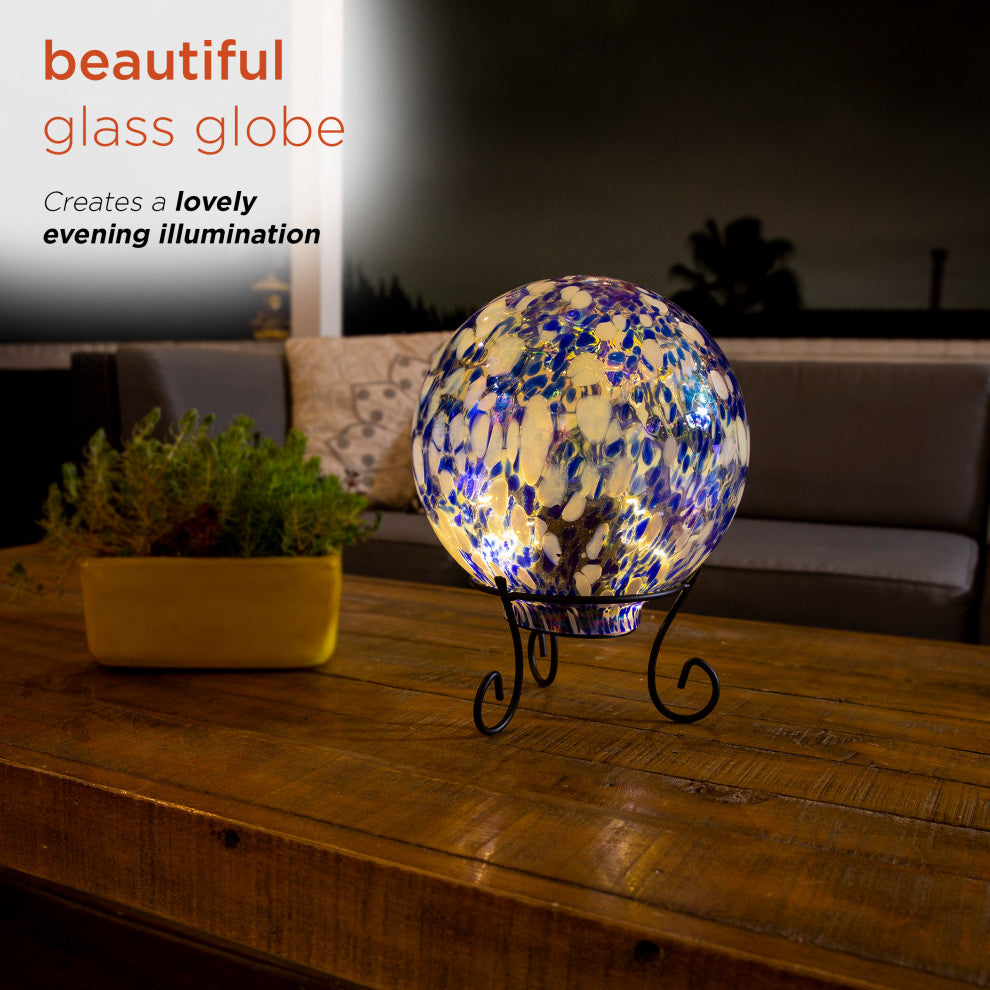 Alpine Blue & White Gazing Globe with LED Lights, 10 Inch Tall