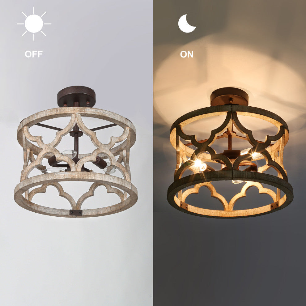 LNC 3-Light Distressed Wood/Bronze Farmhouse Drum Semi-Flush Mount Ceiling Light