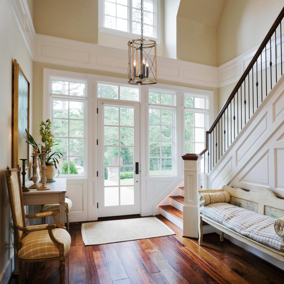4-Lights Matte Black and Wood Tone Farmhouse Chandelier For Chateau