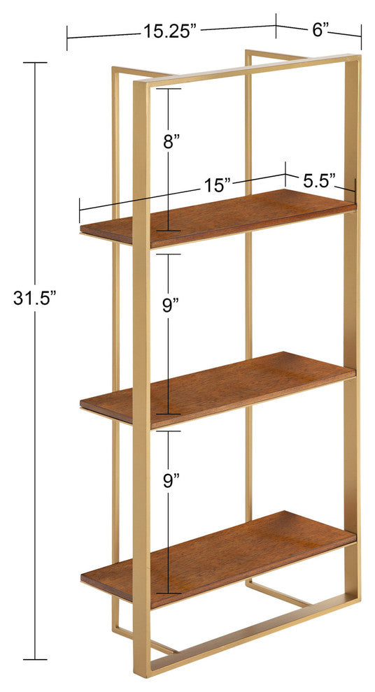 Kercheval Modern Wood Shelf, Walnut Brown/Gold 15x32